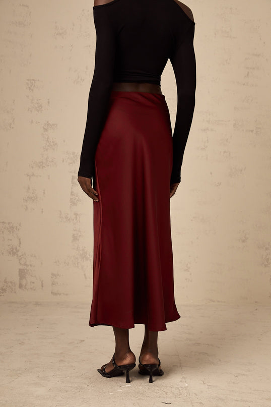 Camilla Wine Red Satin Flared Twill Calf Length Skirt