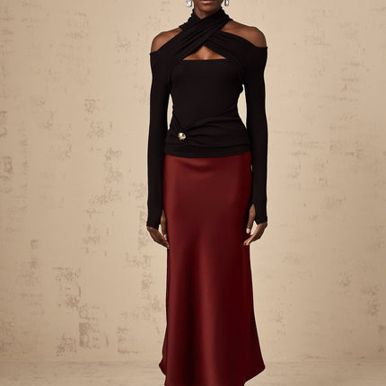 Camilla Wine Red Satin Flared Twill Calf Length Skirt