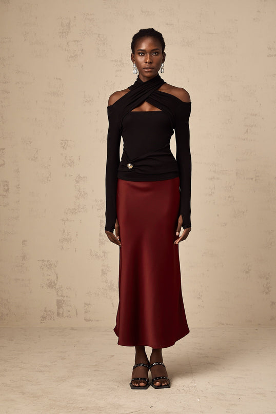 Camilla Wine Red Satin Flared Twill Calf Length Skirt
