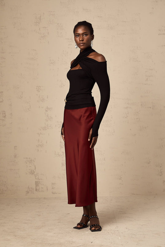 Camilla Wine Red Satin Flared Twill Calf Length Skirt