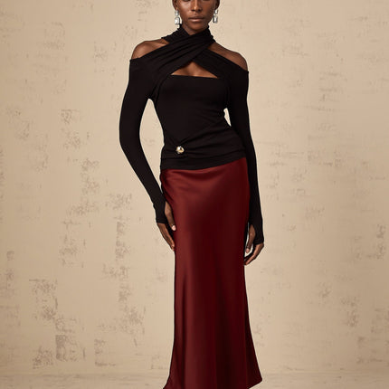 Camilla Wine Red Satin Flared Twill Calf Length Skirt