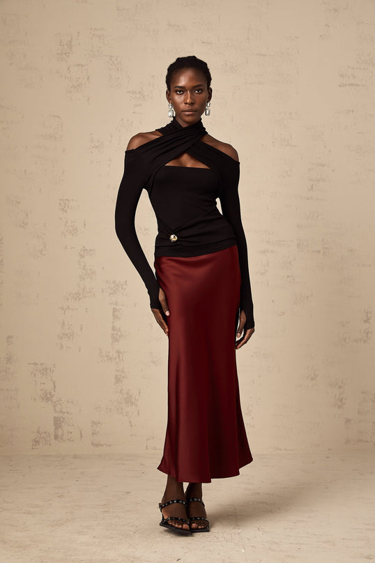 Camilla Wine Red Satin Flared Twill Calf Length Skirt