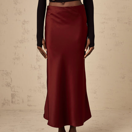 Camilla Wine Red Satin Flared Twill Calf Length Skirt