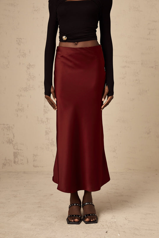 Camilla Wine Red Satin Flared Twill Calf Length Skirt
