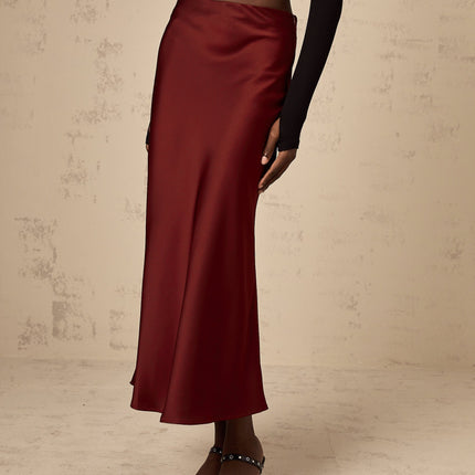 Camilla Wine Red Satin Flared Twill Calf Length Skirt