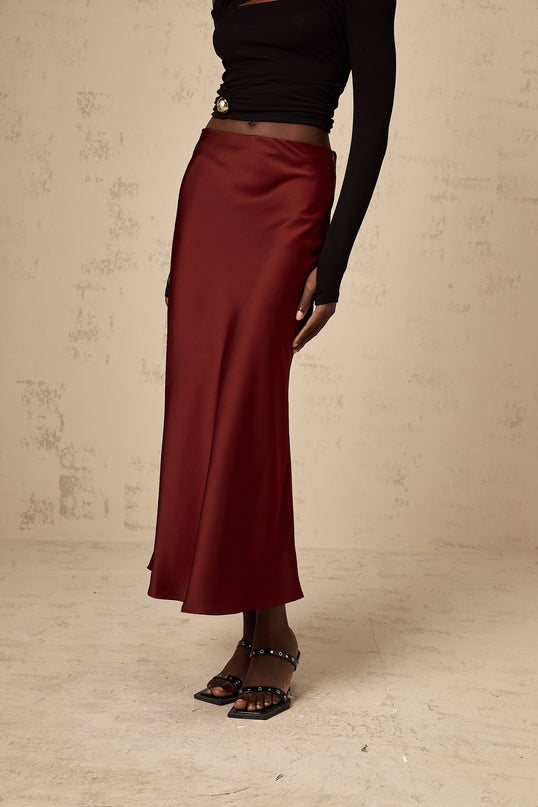 Camilla Wine Red Satin Flared Twill Calf Length Skirt