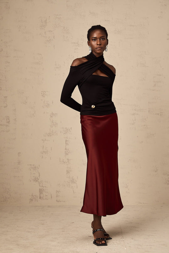 Camilla Wine Red Satin Flared Twill Calf Length Skirt