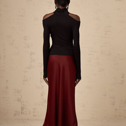 Camilla Wine Red Satin Flared Twill Calf Length Skirt