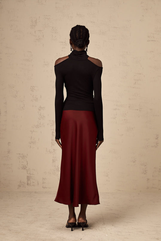 Camilla Wine Red Satin Flared Twill Calf Length Skirt
