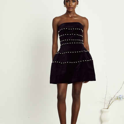 Camille black fauxpearl velvet mini dress