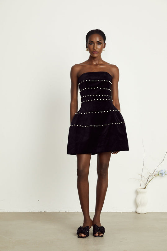 Camille black fauxpearl velvet mini dress