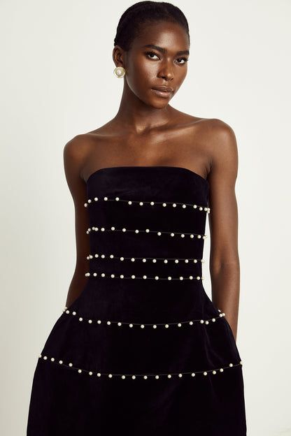 Camille black fauxpearl velvet mini dress