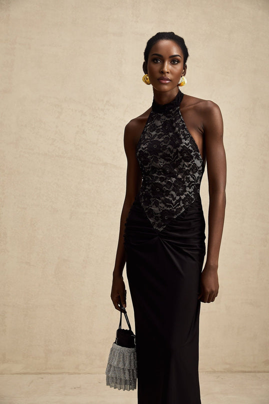 Camille Black Floral Lace Neckholder Maxi Dress with Ruched Waist and Halterneck Design