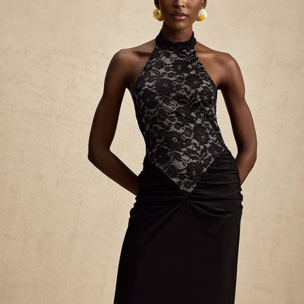 Camille Black Lace Halterneck Maxi Dress with Ruched Waist and Open Back