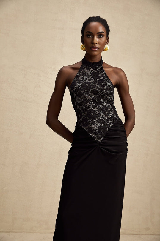 Camille Black Lace Halterneck Maxi Dress with Ruched Waist and Open Back