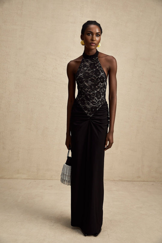 Camille Black Lace Halterneck Maxi Dress