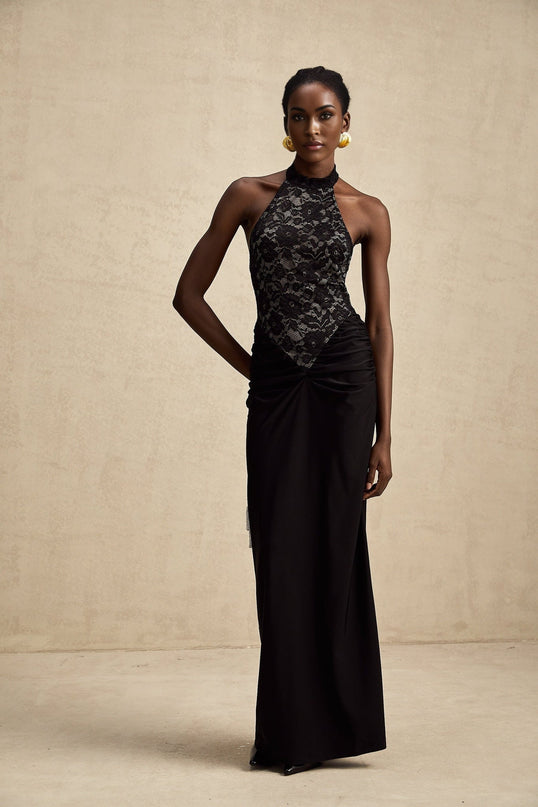 Camille Black Lace Halterneck Maxi Dress