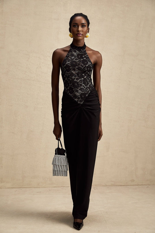 Camille Black Lace Halterneck Maxi Dress