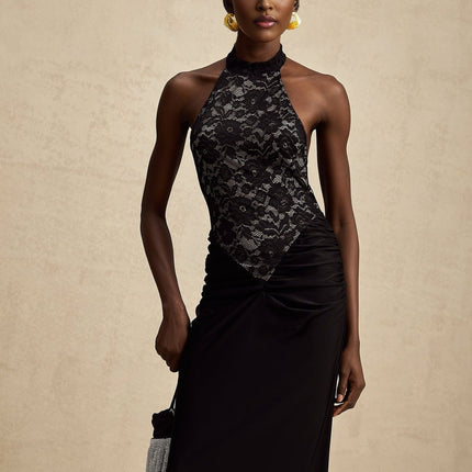 Camille Black Lace Halterneck Maxi Dress with Ruched Detailing and Open Back