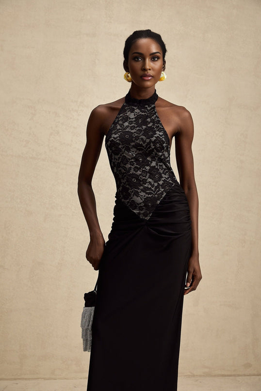 Camille Black Lace Halterneck Maxi Dress with Ruched Detailing and Open Back
