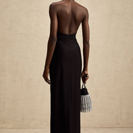 Camille Black Lace Maxi Dress with Halterneck Design and Open Back