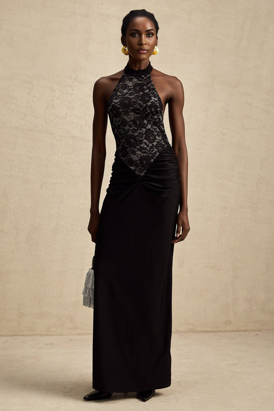 Camille Black Lace Halterneck Maxi Dress with Ruched Waist and Open Back for Formal Events