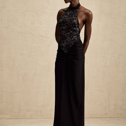 Camille Black Lace Neckholder Maxi Dress with Ruched Waist and Open Back for Formal Events