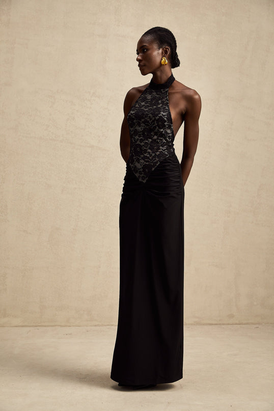 Camille Black Lace Neckholder Maxi Dress with Ruched Waist and Open Back for Formal Events