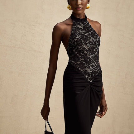 Camille Black Lace Neckholder Maxi Dress with Ruched Waist and Open Back