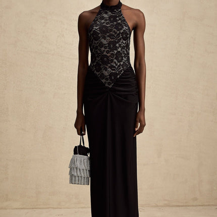 Camille Black Lace Neckholder Maxi Dress with Ruched Waist and Open Back