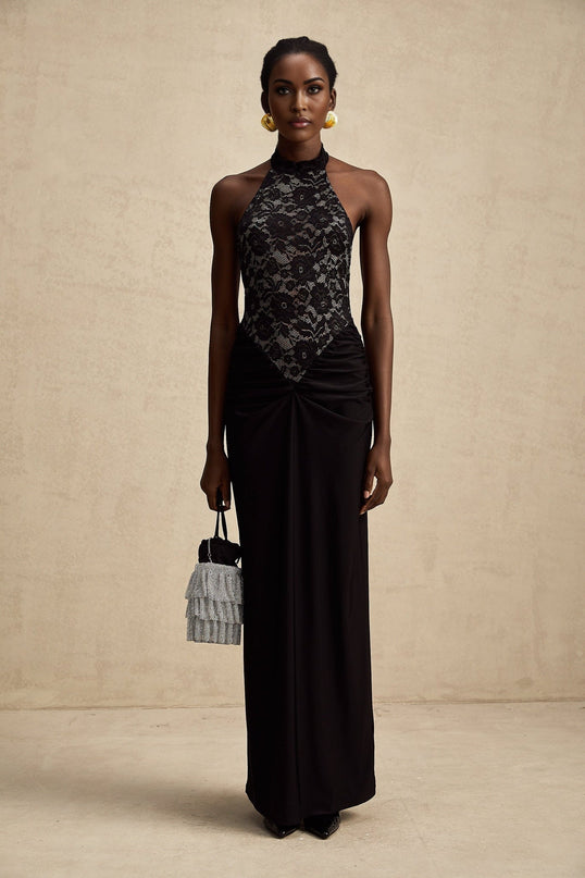 Camille Black Lace Neckholder Maxi Dress with Ruched Waist and Open Back