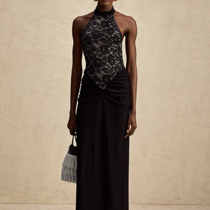 Camille Black Lace Neckholder Maxi Dress with Ruched Waist and Open Back for Formal Events
