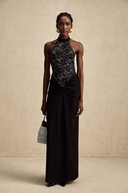 Camille Black Lace Neckholder Maxi Dress with Ruched Waist and Open Back for Formal Events