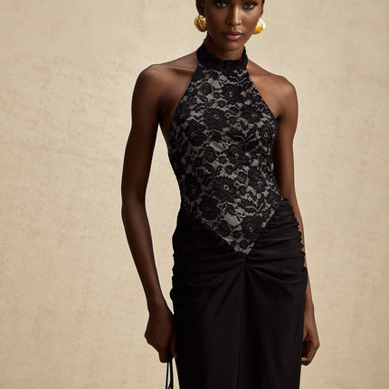 Camille Black Lace Neckholder Maxi Dress with Ruched Detailing and Halterneck Design for Formal Events