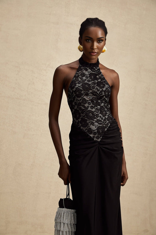 Camille Black Lace Neckholder Maxi Dress with Ruched Detailing and Halterneck Design for Formal Events