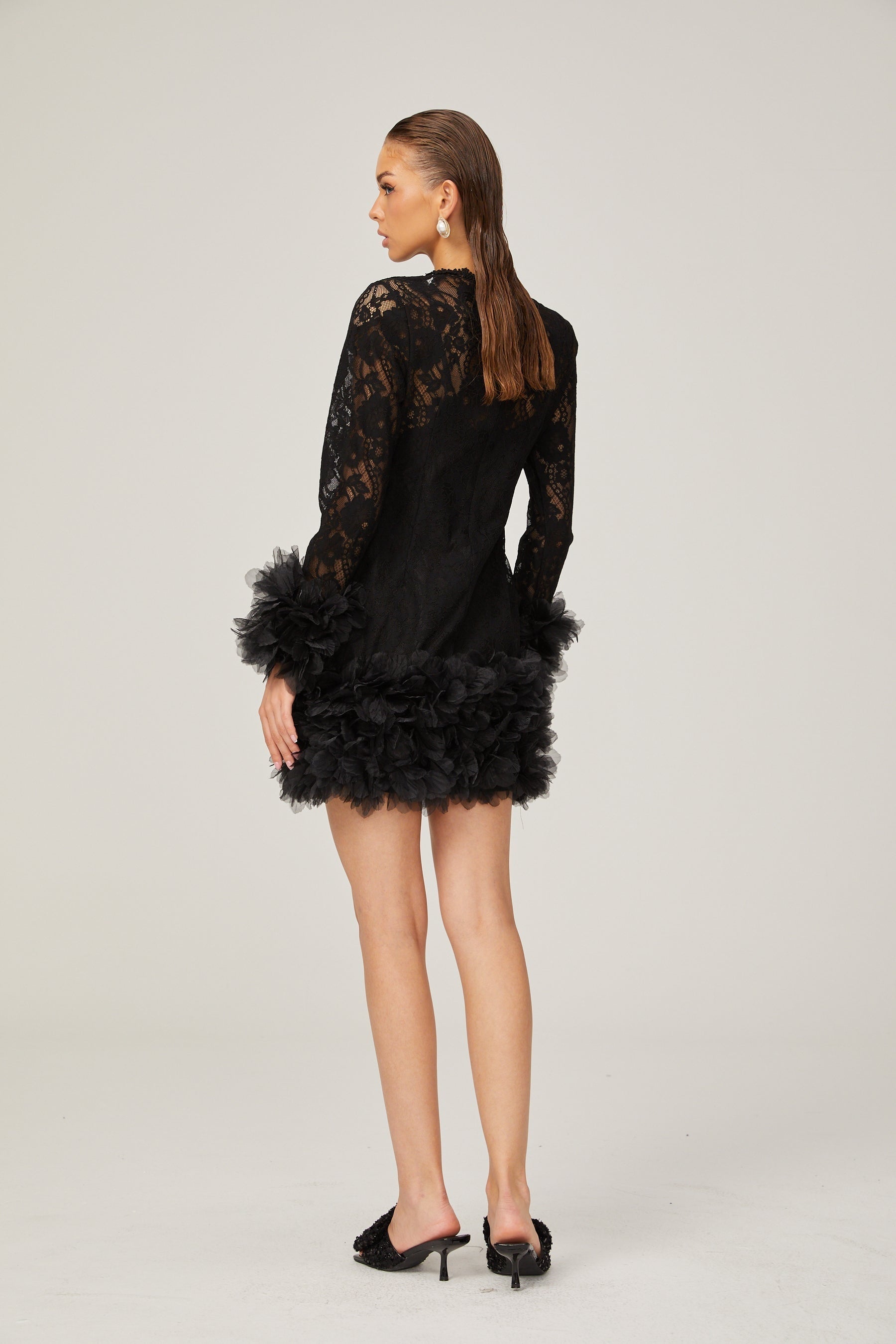 Camille lace layered feathertrim mini dress in Black