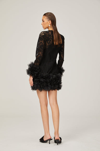 Camille lace layered feathertrim mini dress in Black