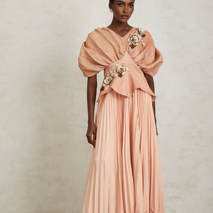 Camille Pink Floral Appliqué Pleated Maxi Dress