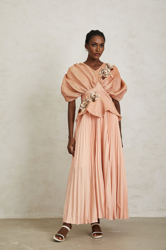 Camille Pink Floral Appliqué Pleated Maxi Dress
