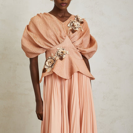 Camille Pink Floral Appliqué Pleated Maxi Dress