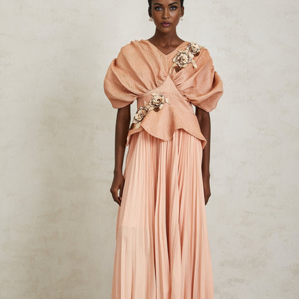 Camille Pink Floral Appliqué Pleated Maxi Dress