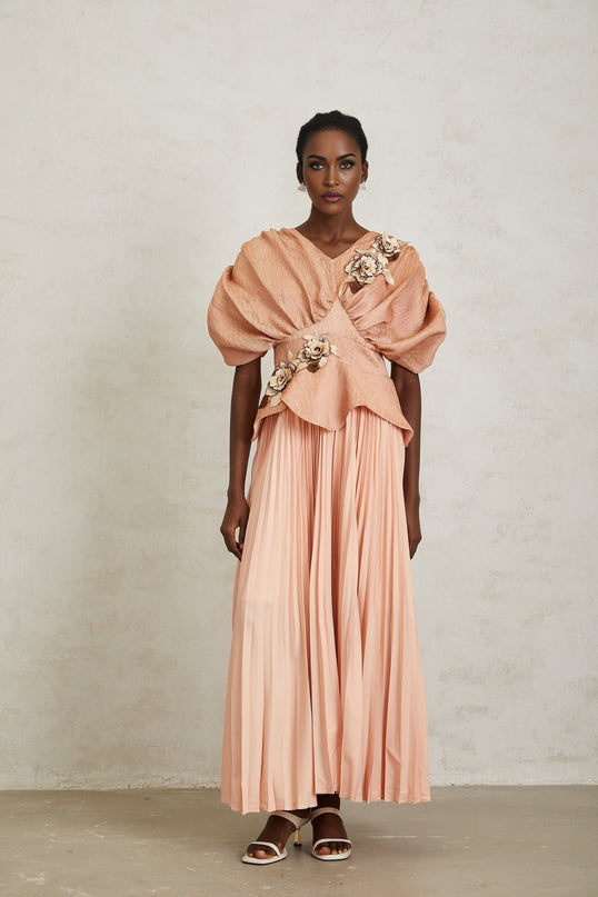 Camille Pink Floral Appliqué Pleated Maxi Dress