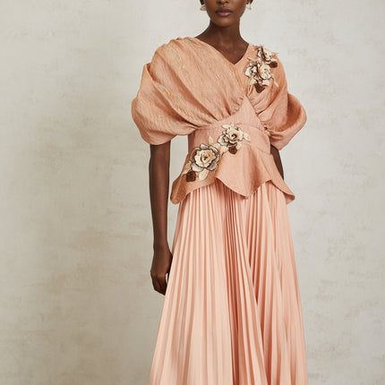 Camille Pink Floral Appliqué Pleated Maxi Dress