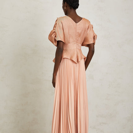 Camille Pink Floral Appliqué Pleated Maxi Dress