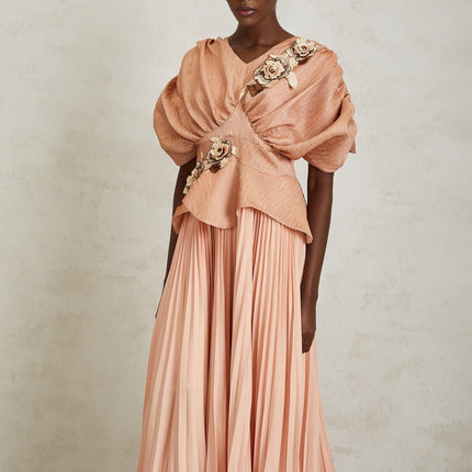 Camille Pink Floral Appliqué Pleated Maxi Dress