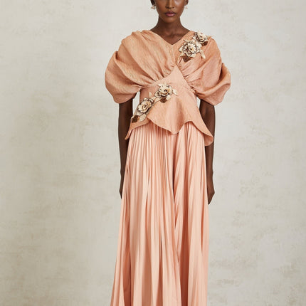 Camille Pink Floral Appliqué Pleated Maxi Dress