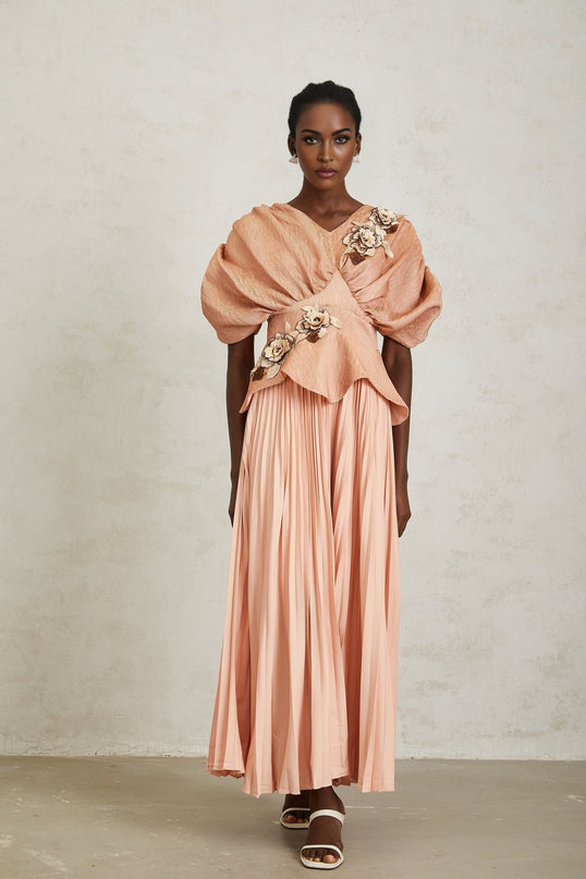 Camille Pink Floral Appliqué Pleated Maxi Dress