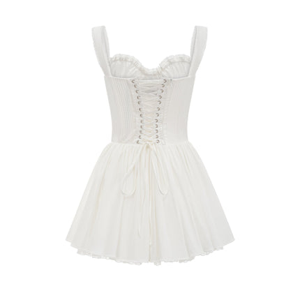 Camille White Bustier Mini Dress with Lace Lining and Corset Style Front Tie