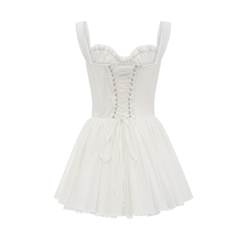 Camille White Bustier Mini Dress with Lace Lining and Corset Style Front Tie