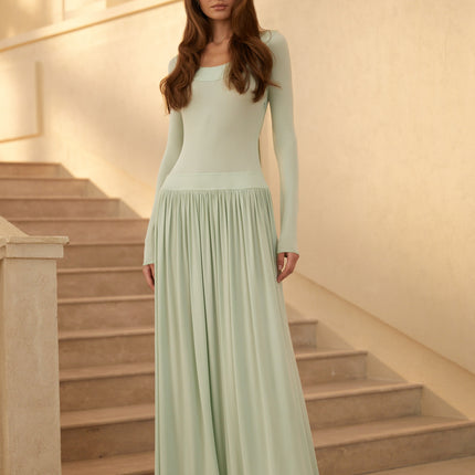 Campagne Green OpenBack Shirred Maxi Dress